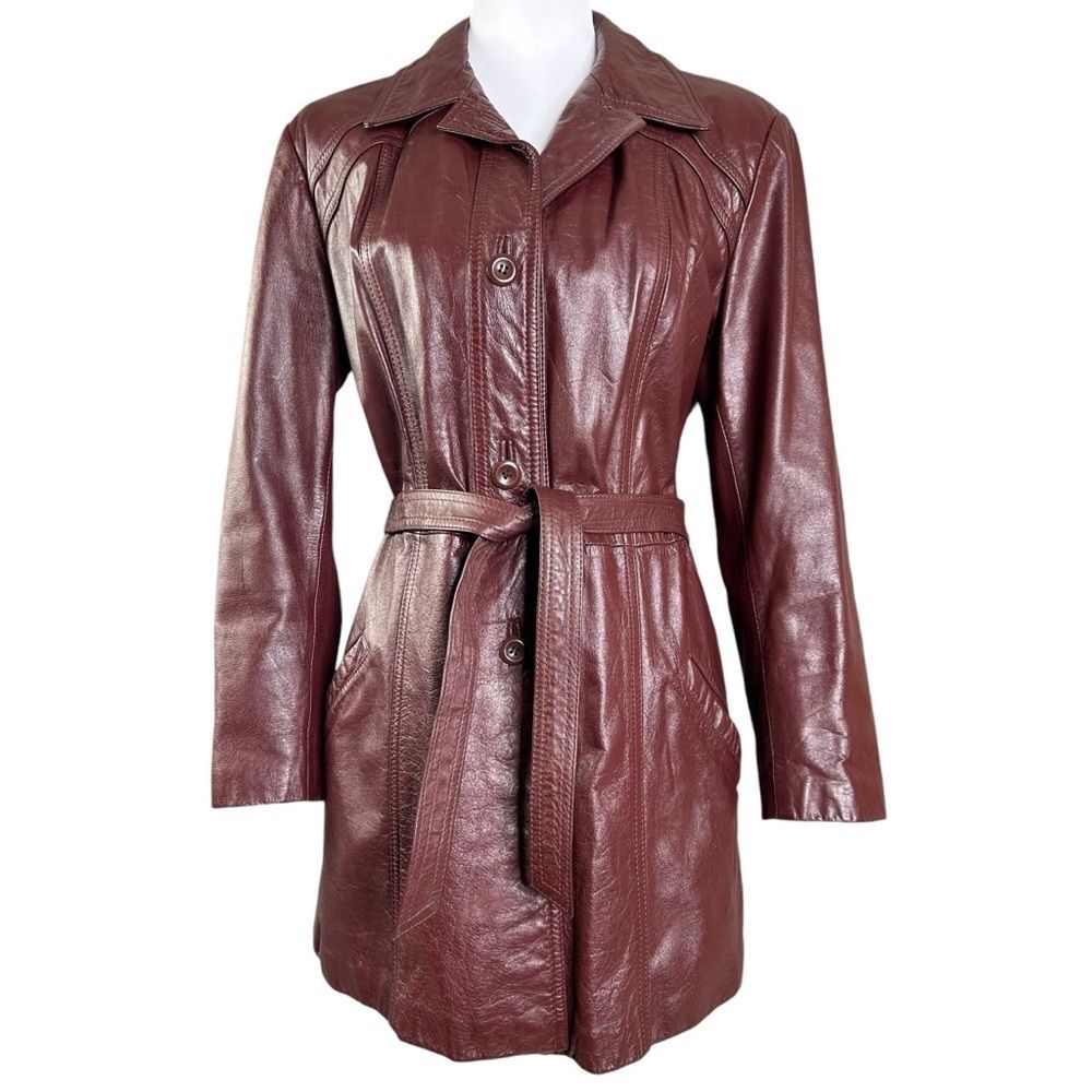 Vintage 70s  Leather Jacket L Burgundy Button Belted Classic Directions Coat